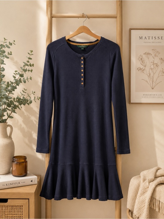Lauren Ralph Lauren Dresses & Skirts - Lauren Ralph Lauren Navy Waffle Knit Henley Ruffle Hem Dress - 100% Cotton
